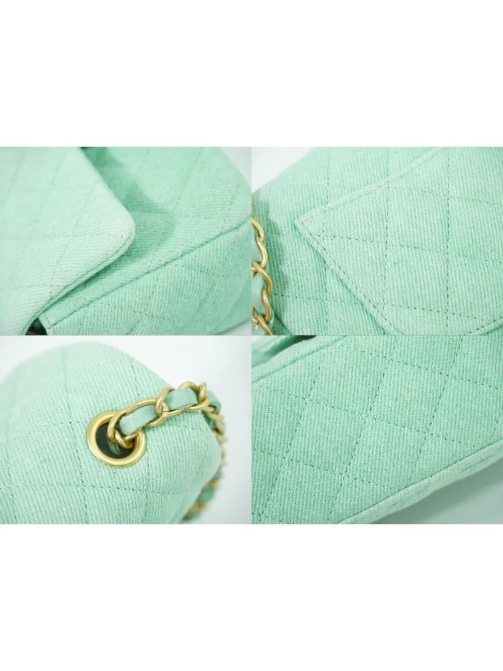 Chanel CC Logo Quilted Chain Shoulder Bag Denim Light Green Vintage